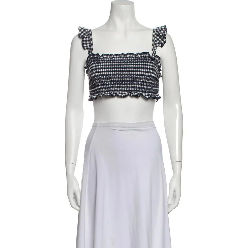 Tory Burch Blue & White Gingham Plaid Smocked Ruffle Cropped Top, Size M